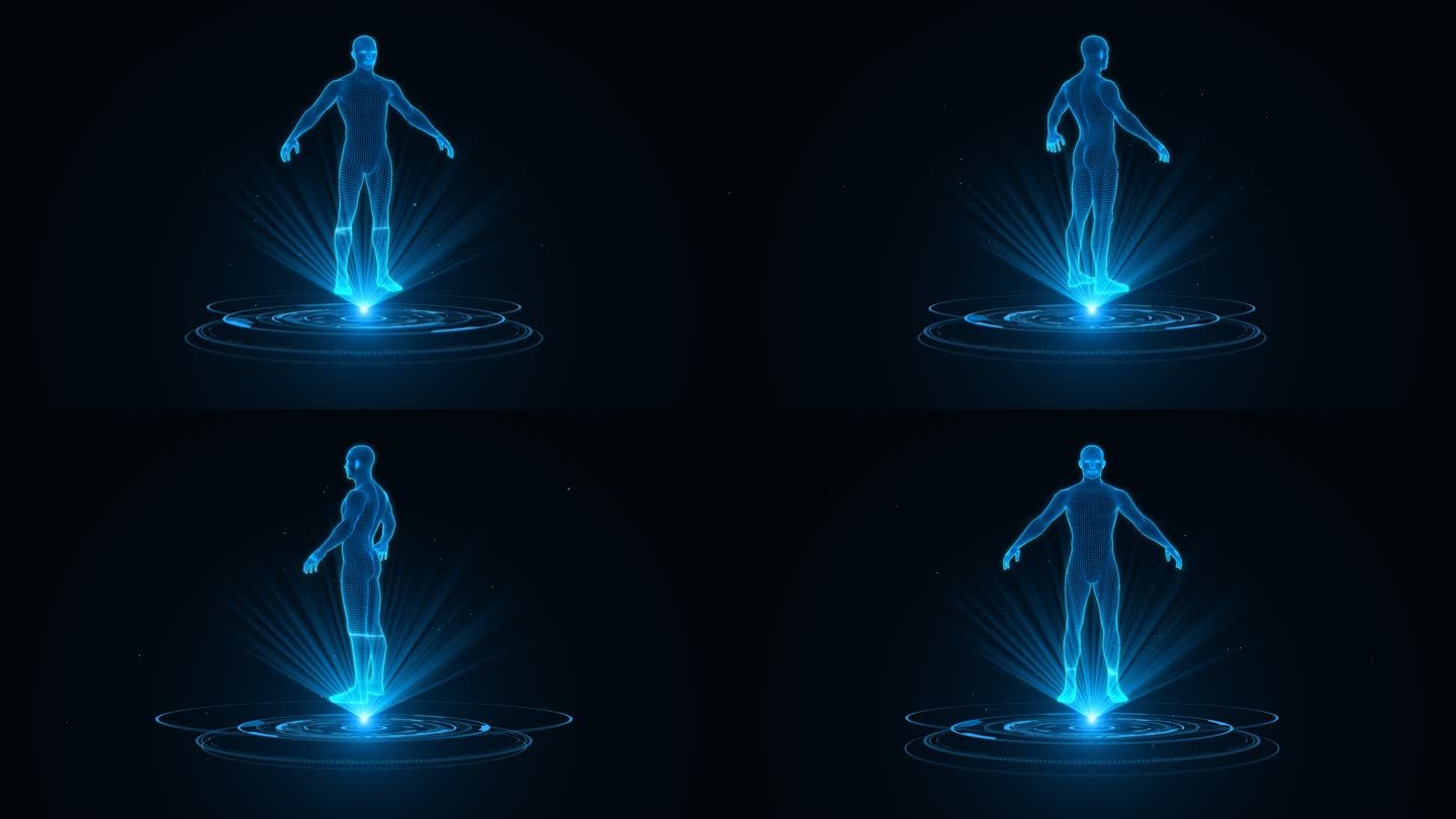 4K全息科技蓝色线框人体动画带通道