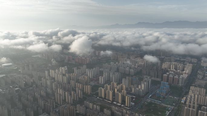 西安日出云海空景城市通用素材城市云海交通