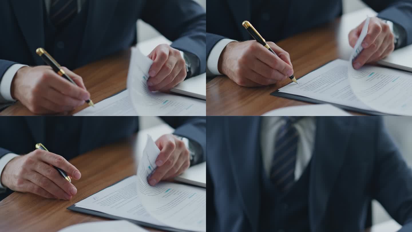 有信心的商业主管签署文件与合作协议坐在写字台的特写。有胡子的执行经理在财务文件上签字。管理人员缔结合