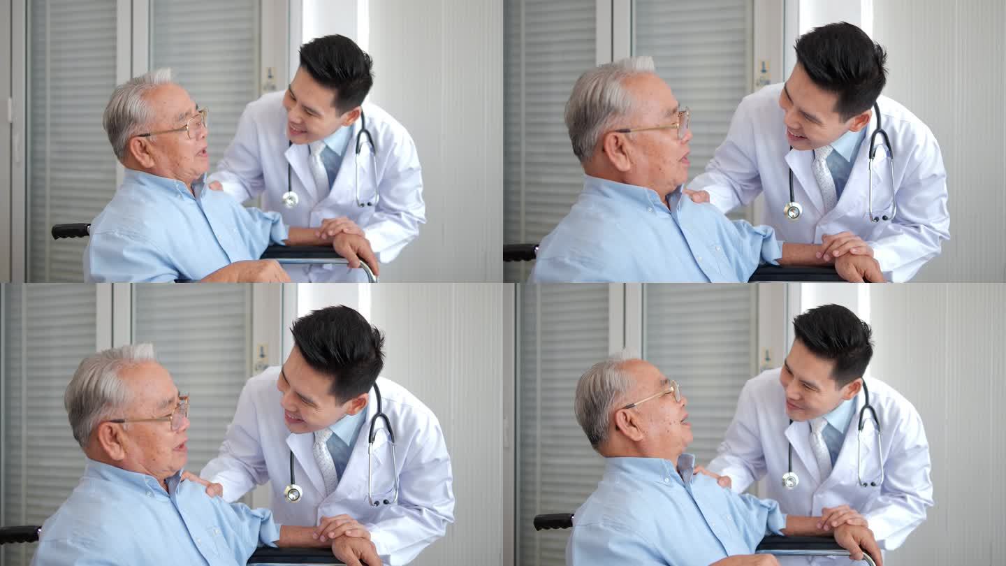有爱心的亚洲男医生在看望老年男性病人时支持和鼓舞老年男性病人.治疗学家和老年白发男子，交流和讨论治疗