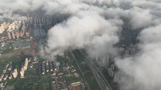 西安日出云海空景城市通用素材城市云海交通