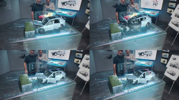 两名工程师站在未来全息图桌旁的设计演播室里，在一个3D汽车碰撞测试模拟器上进行了测试，该模拟器模拟了