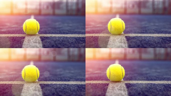 蓝色庭院里,黄球落在网后的地板上.帕特尔网球是一种网球拍游戏.专业体育概念