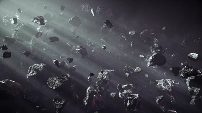 惊人的小行星场，美丽的电影飞行穿越黑暗的深空小行星场与恒星，科幻陨石