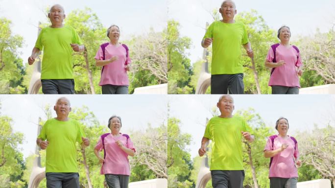 亚洲一对快乐的老夫妇在公园里锻炼和跑步