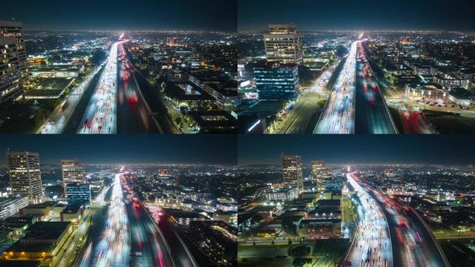 电影中的超低速航拍镜头放大了单独飞回405繁忙的公路在夜间。在洛杉矶城市景观的多条车道上繁忙的交通和
