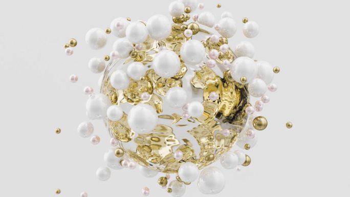 晶莹透明的液体球，里面有金色分子，外面有白色和金属金色软球。三维液体球。美丽的维生素分子四处飞舞.