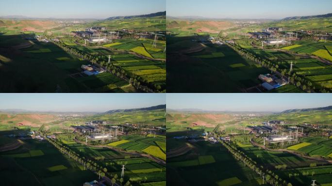 青海省海东市田地上的国家电网航拍