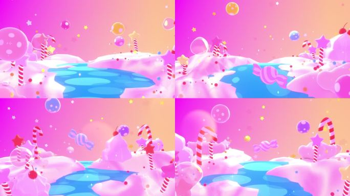 甜蜜糖果土地的循环动画，糖果手杖、包裹糖果、圆点球、顶部有樱桃的冰淇淋、蓝色河流、雪地里的魔法之星魔