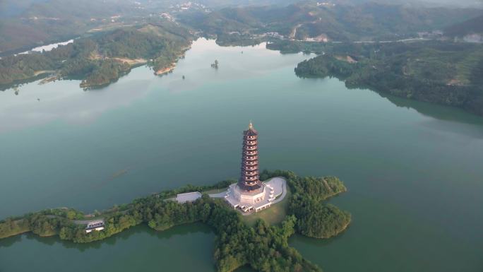 湖中宝塔道观河风景航拍C