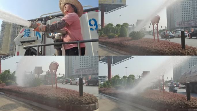 洒水系统工人浇水灌溉系统风吹雨点风吹大雨
