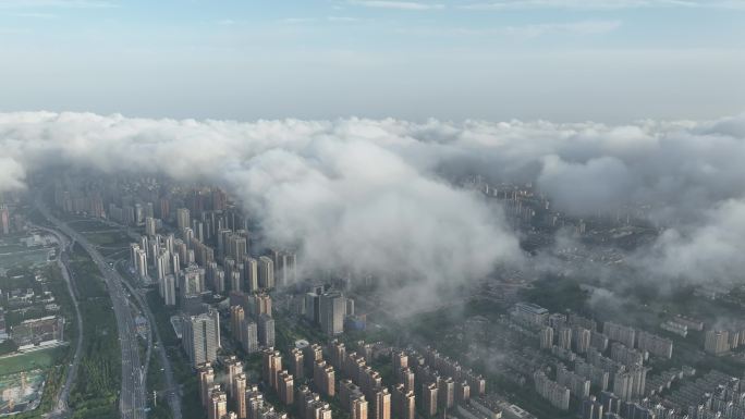 西安日出云海空景城市通用素材城市云海交通