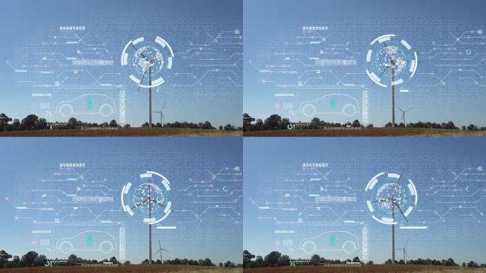 环境生态学标志全息图可持续清洁能源的风力涡轮机全息图中的电动车.
