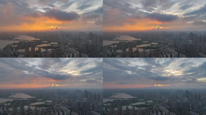 武汉避暑城市天际线夕阳风光
