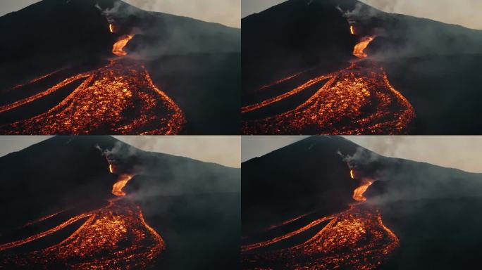 半岛的火山喷发。熔岩和火山口的流动。一个喷发的火山，夜间喷发出炽热的熔岩。来自拉维的昏暗。