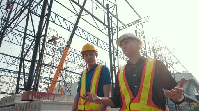 两名多样化工程师高加索人和亚洲人与土木工程师讨论建筑工地的建设计划、房地产项目.