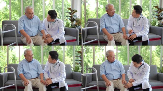 亚洲男医生身穿白衣检查膝盖的老年男子坐在沙发上，老年人保健支持理念.