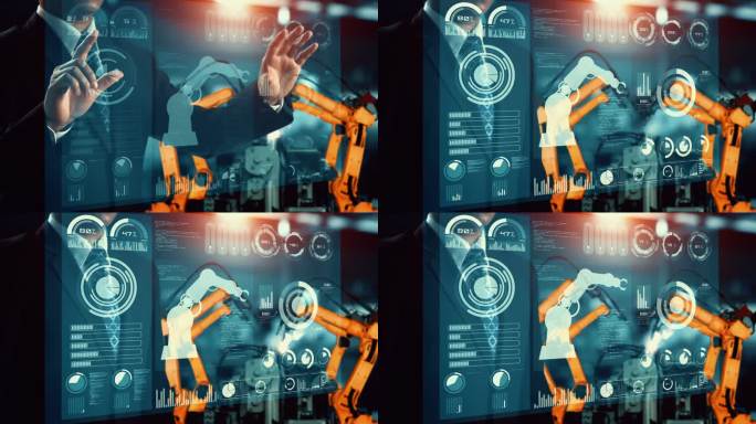 工程师使用网络化机器人软件控制工厂中的工业机器人手臂。利用连接互联网的IOT软件实现专家控制的自动化