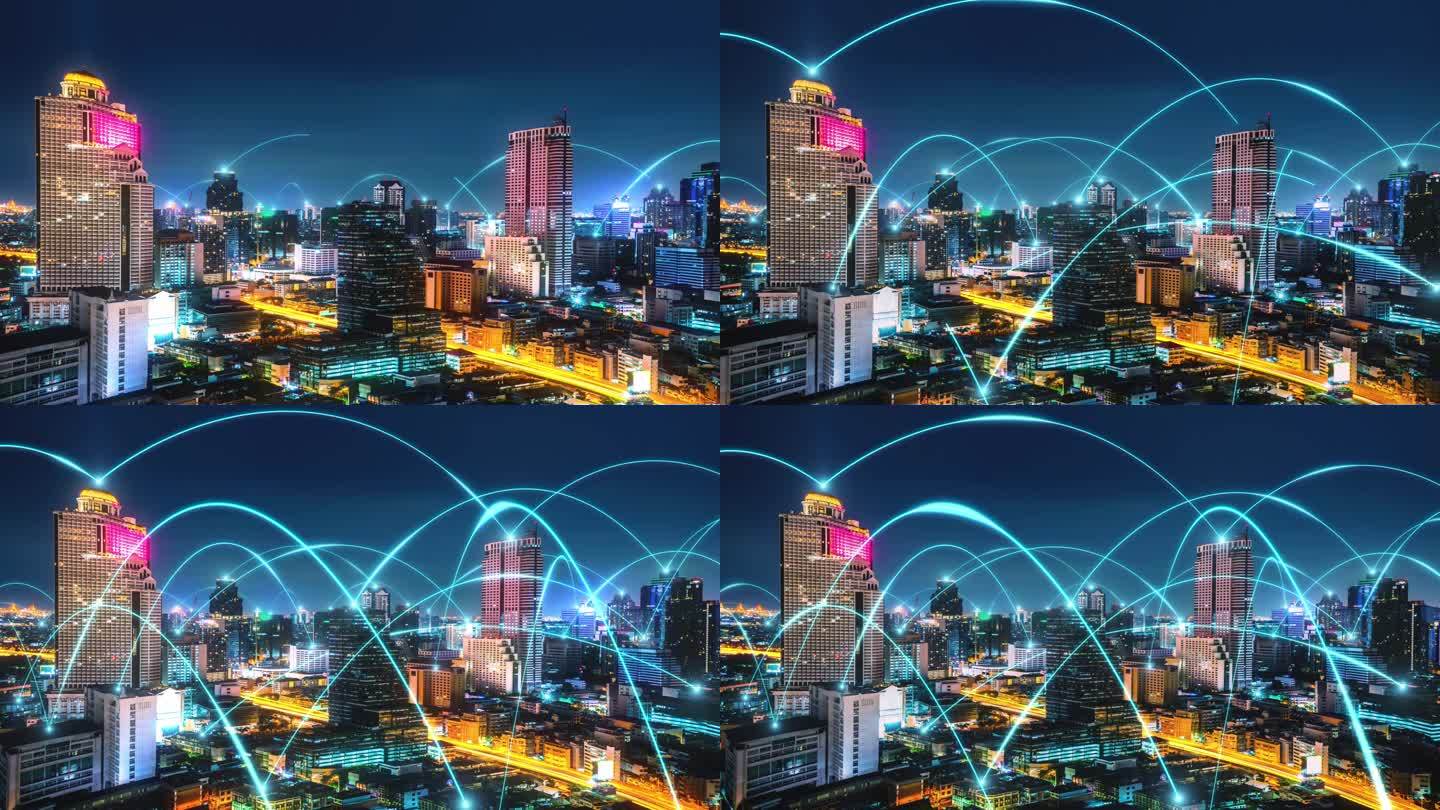 智能数字城市与连接网络互惠互利的城市景观。未来智能无线数字城市和社交媒体网络系统的概念。