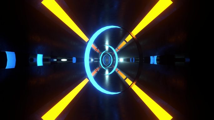 具有蓝色和黄色灯光的无限可循环的圆形隧道，具有未来派scifi维度的无尽明亮的霓虹灯循环。彩色人工智