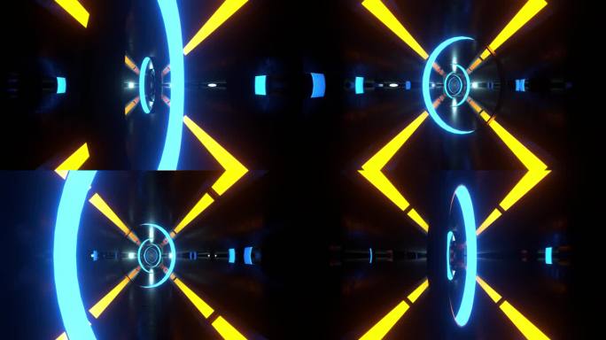 具有蓝色和黄色灯光的无限可循环的圆形隧道，具有未来派scifi维度的无尽明亮的霓虹灯循环。彩色人工智