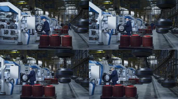 轮胎厂工人检查橡胶制品质量操作过程