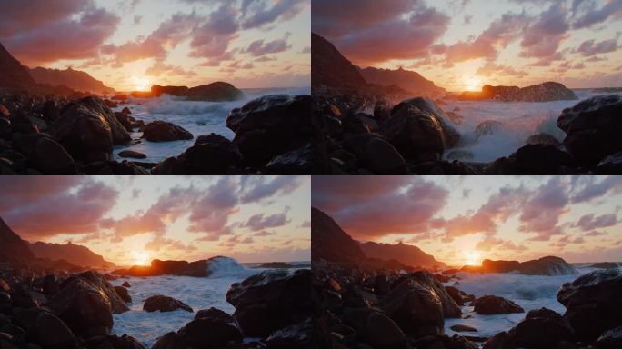 特内里费。橙色的落日落在海面上的岩石海岸上。艳阳高照，夕阳西下，乌云密布。没人