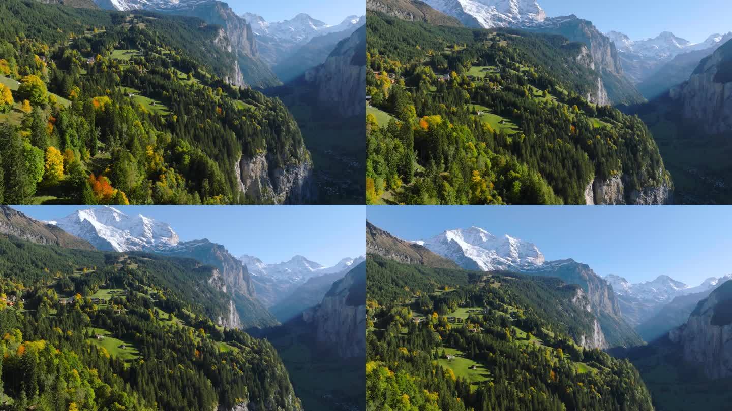 瑞士劳特布鲁南山谷美丽的瑞士自然美景，瑞士君格弗鲁地区阿尔卑斯山的日落，著名的瑞士旅游胜地.