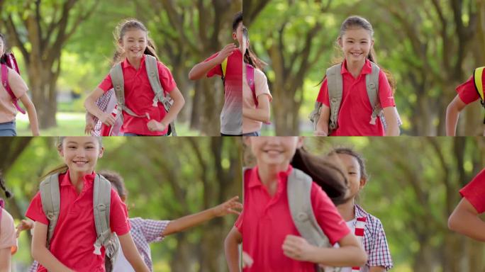 快乐的小学生在学校跑步。回到学校