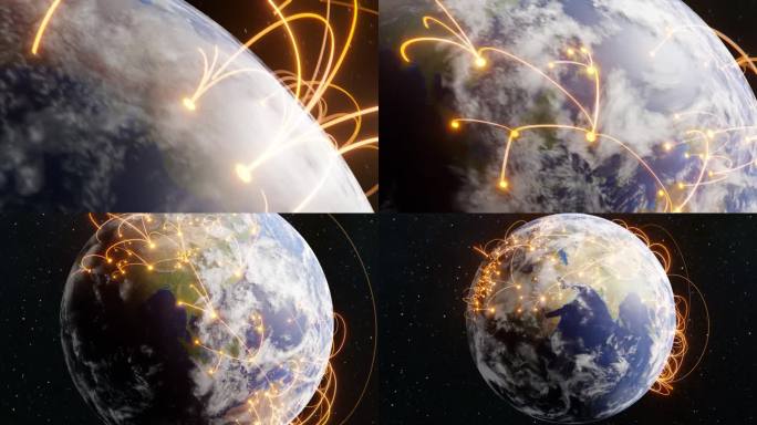 三维动画中的科技地球全球化。旋转行星上的全球商业点。