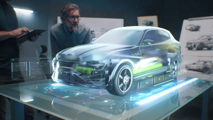 汽车设计工程师在数字平板电脑中使用全息应用。以可持续的标准，发展现代高科技尖端环保电动汽车。他们测试