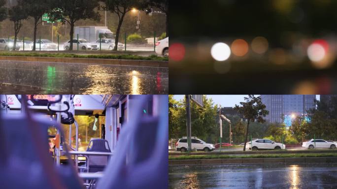 城市下雨雨中公交车辆夜间雨景道路
