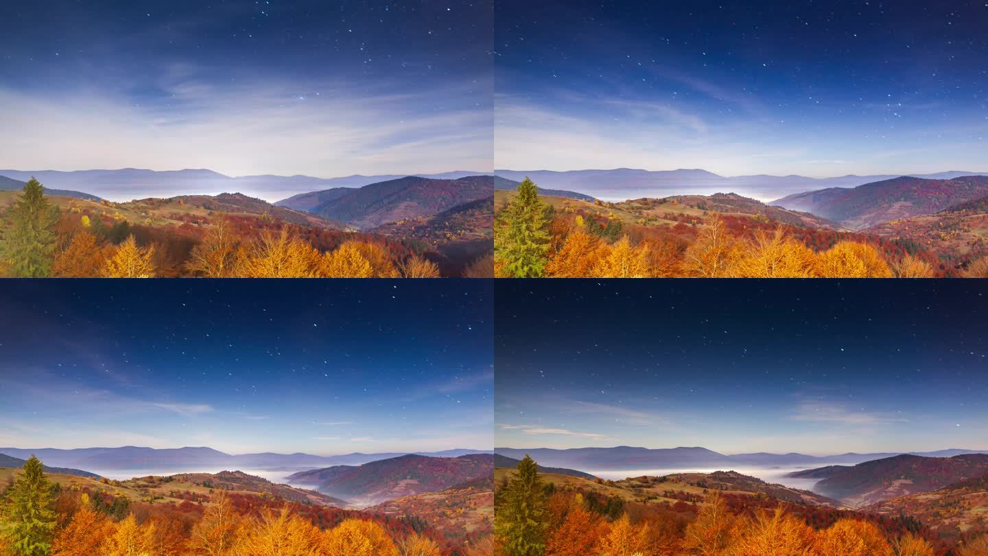 夜空中移动的星光小径的延时。在夏季，银河系在山脉上空旋转