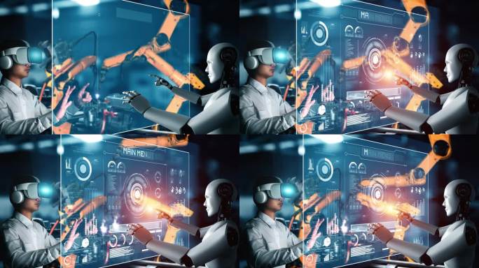 Cybernature工业机器人和人类工作者在未来工厂共同工作。工业革命和自动化制造过程的人工智能概