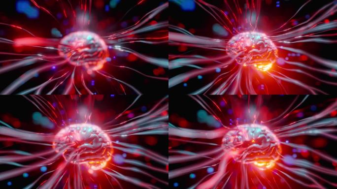 脑接口的概念。神经元细胞发光后的动画。3D渲染.