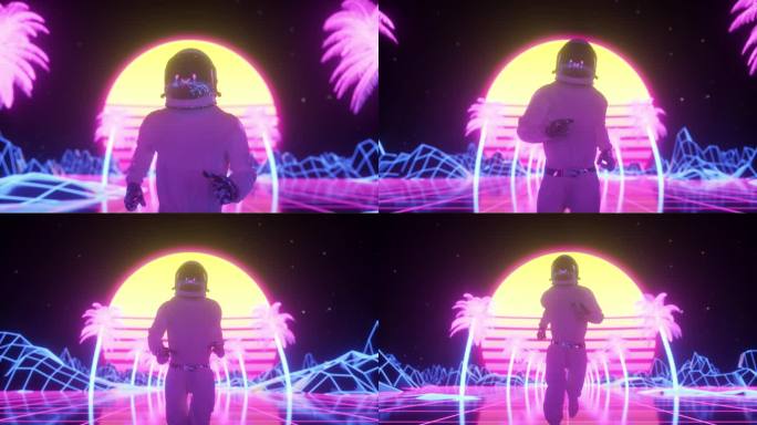 宇航员被闪烁的霓虹灯环绕着。复古80年代风格的合成波背景