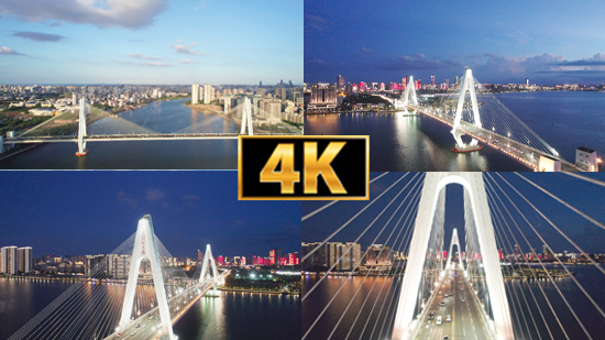 海南海口世纪大桥航拍4K 日景夜景