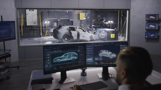 撞车测试实验室的一名工程师使用汽车撞车测试系统来模拟交通事故，以获得正在开发的环保尖端电动汽车的安全