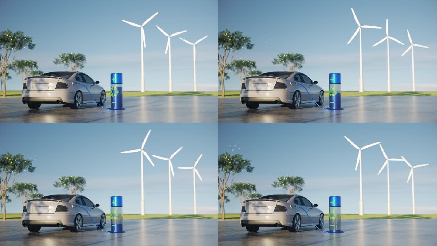 3D动画电动汽车在自然公园充电与风车循环动画生态清新系统。