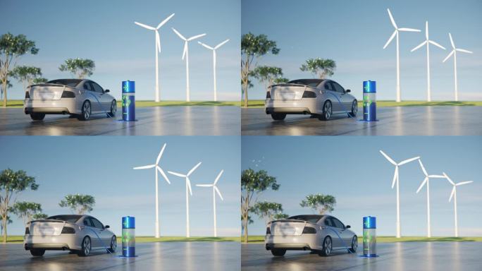 3D动画电动汽车在自然公园充电与风车循环动画生态清新系统。