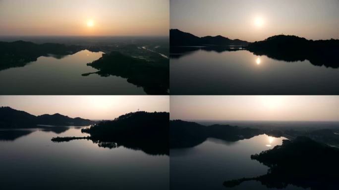 夕阳下湖光山色航拍
