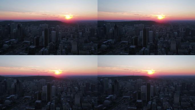 蒙特利尔市中心的空中视频在一个美丽的夜晚日落