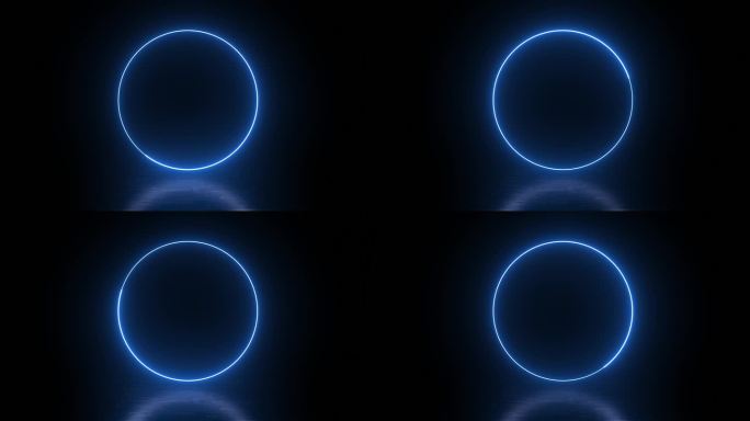 3D视频渲染，圆形发光在黑暗中，蓝色霓虹灯，照明框架设计。摘要宇宙生气勃勃的色彩正方形背景。发光的霓