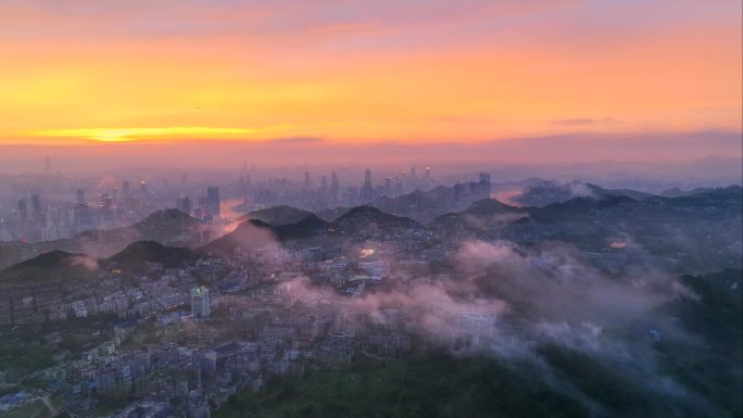 航拍重庆晚霞大场景鸟瞰重庆