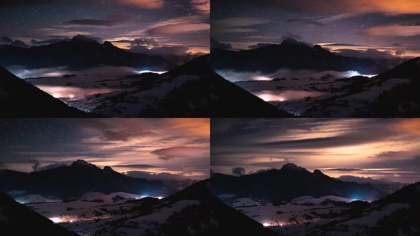 在雾蒙蒙的山谷自然景观中，夜空和星星的神奇光芒在冬季快速地摇曳着高山。天文时差，倾斜向上 