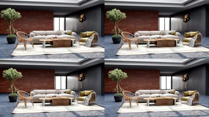 3d视频渲染镜头客厅的当代室内设计。客厅的时尚内部