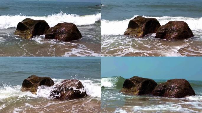 高清4k海浪冲击石头
