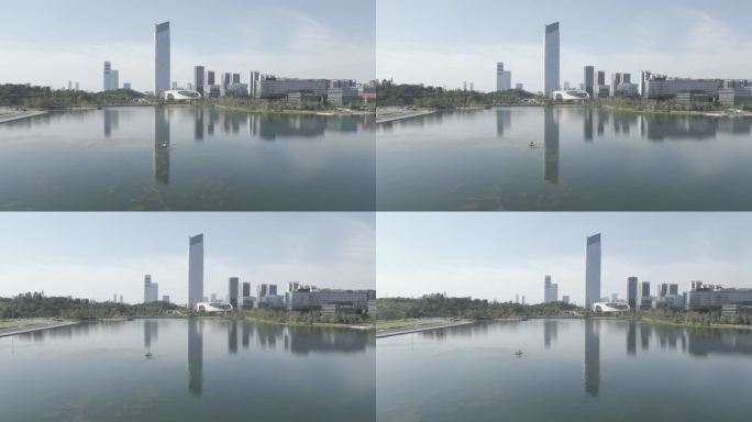 成都兴隆湖湿地公园航拍湖面与建筑休闲娱乐