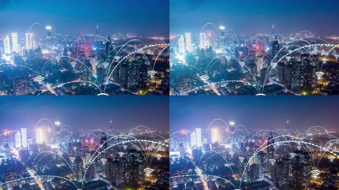 智能城市空中图像。蓝色拱形形成网络通信未来技术。Wi-Fi连接