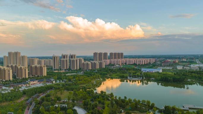 航拍阜阳城市高空晚霞延时风光4k